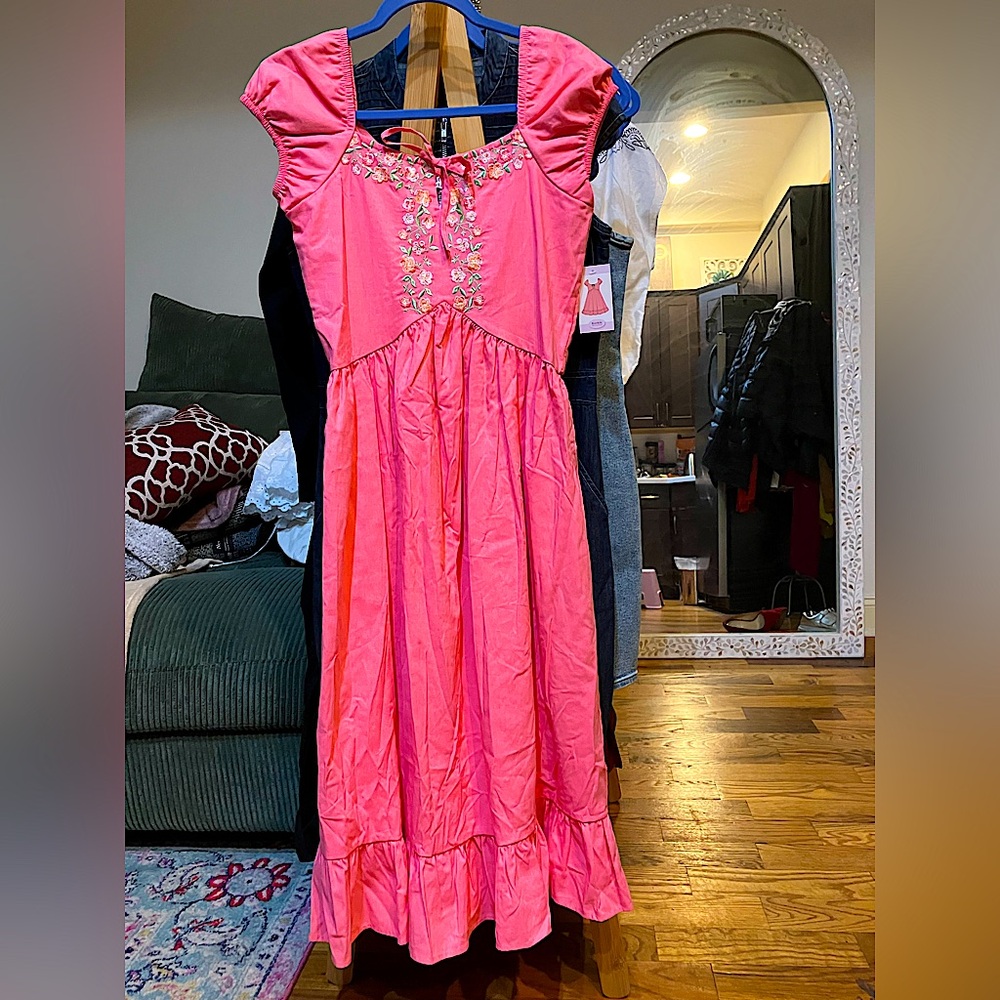 Pink Embroidered Cotton Dress - NWT, size XS-S adult or size M-L girls